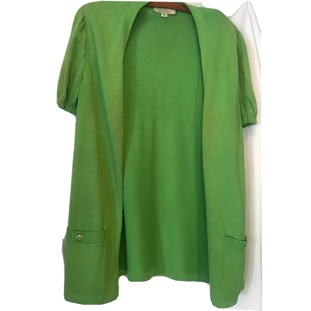 Vtg St. John Collection Long Green Knit Short Sleeve Open Cardigan